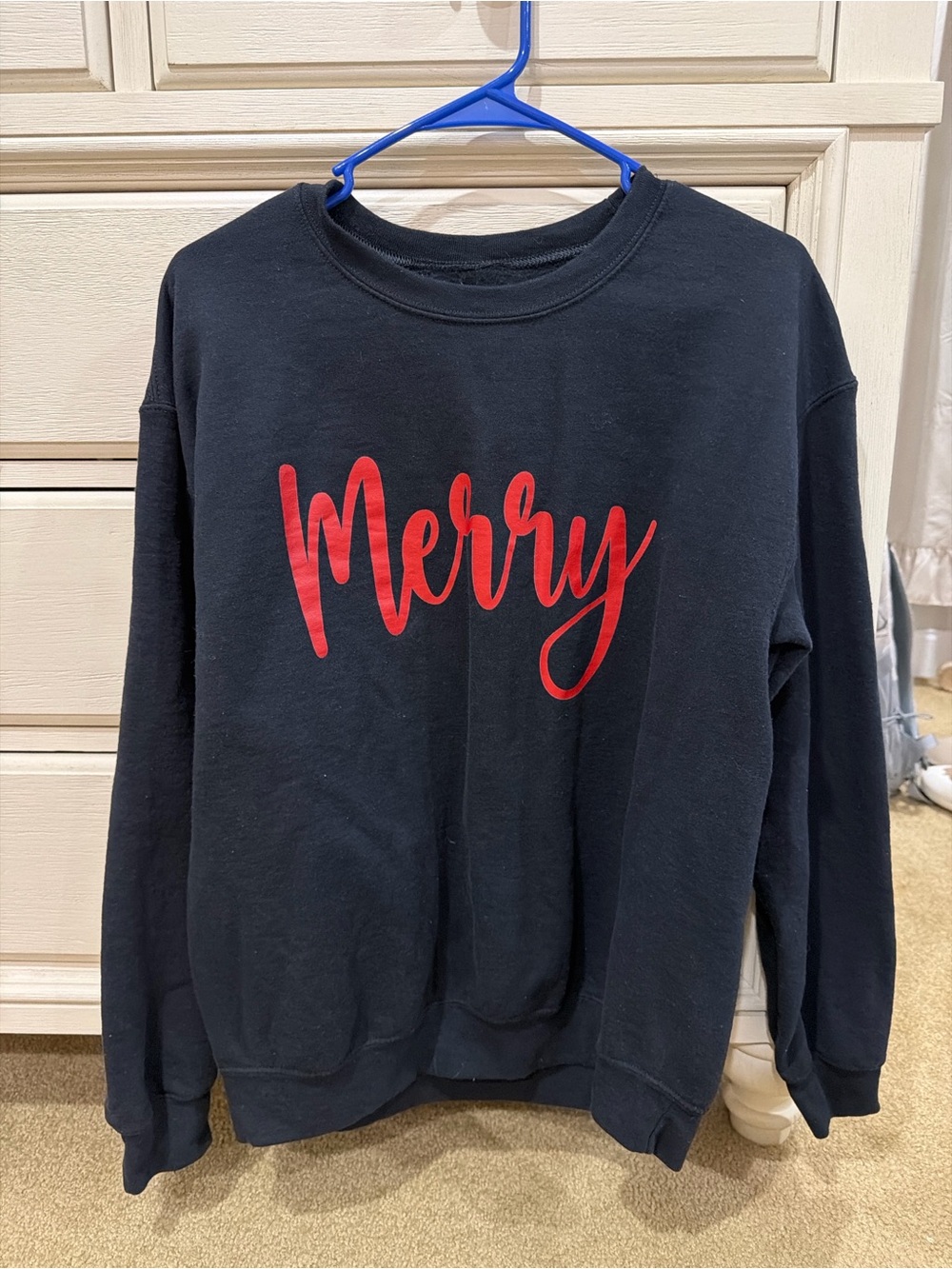 Women's Black Crewneck Sweatshirt with Red 'Merry' Script
